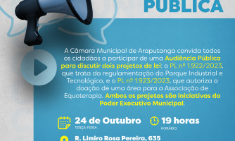 Câmara de Araputanga irá realizar audiência pública para discutir alterações na regulamentação do Parque Industrial, bem como sobre a doação de área para a Associação de Equoterapia, terça-feira (24)