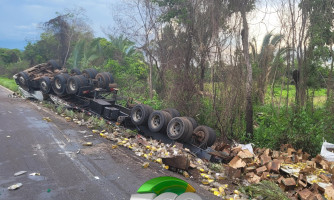 Carreta carregada de óleo vegetal tomba as margens da Br174