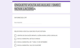 Secretaria de Educação de Nova Lacerda cria enquete para definir retorno das aulas
