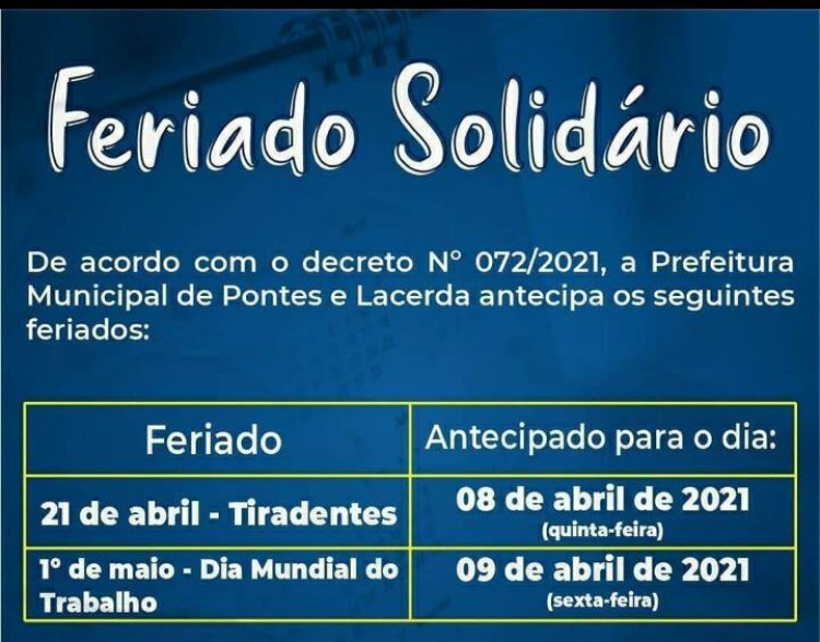 Decreto municipal antecipa feriados em Pontes e Lacerda