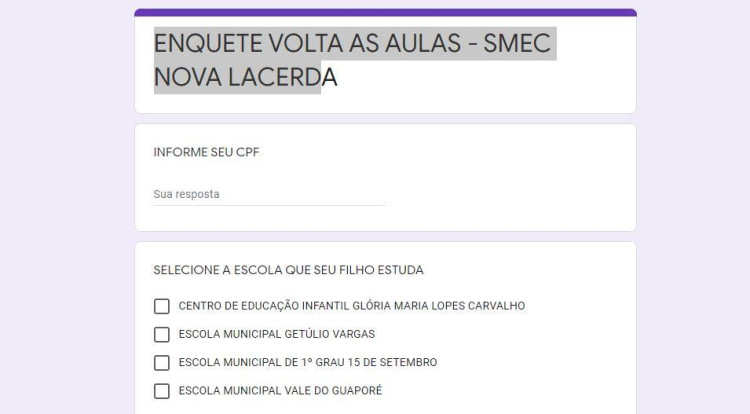 Secretaria de Educação de Nova Lacerda cria enquete para definir retorno das aulas