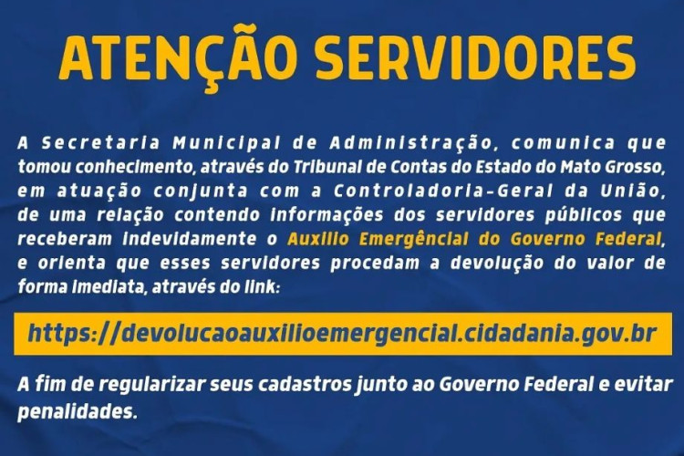 Prefeitura de Pontes e Lacerda emite comunicado para que servidores devolvam auxílio emergencial